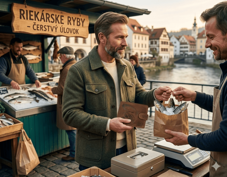muž kupuje ryby - detail peňaženka mk